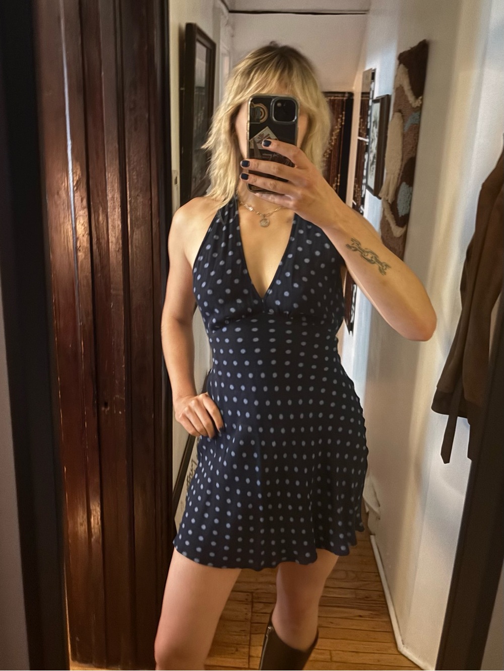 Reformation Navy Polka Dot Halter Mini Dress